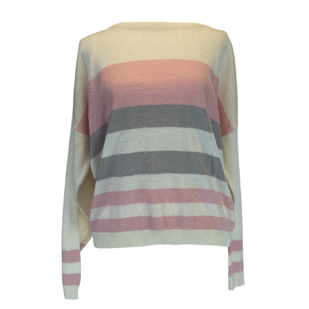 Vintage Cream Powder Pink Striped Kawaii Barbiecore Prep Knit Sweater Size XL